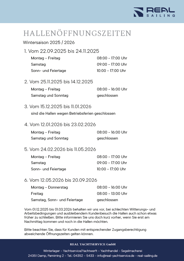Übersicht der Hallenöffnungszeiten für Wintersaison 2025/2026 mit Daten, Wochentagen und Öffnungszeiten, Logo von Real Sailing oben rechts